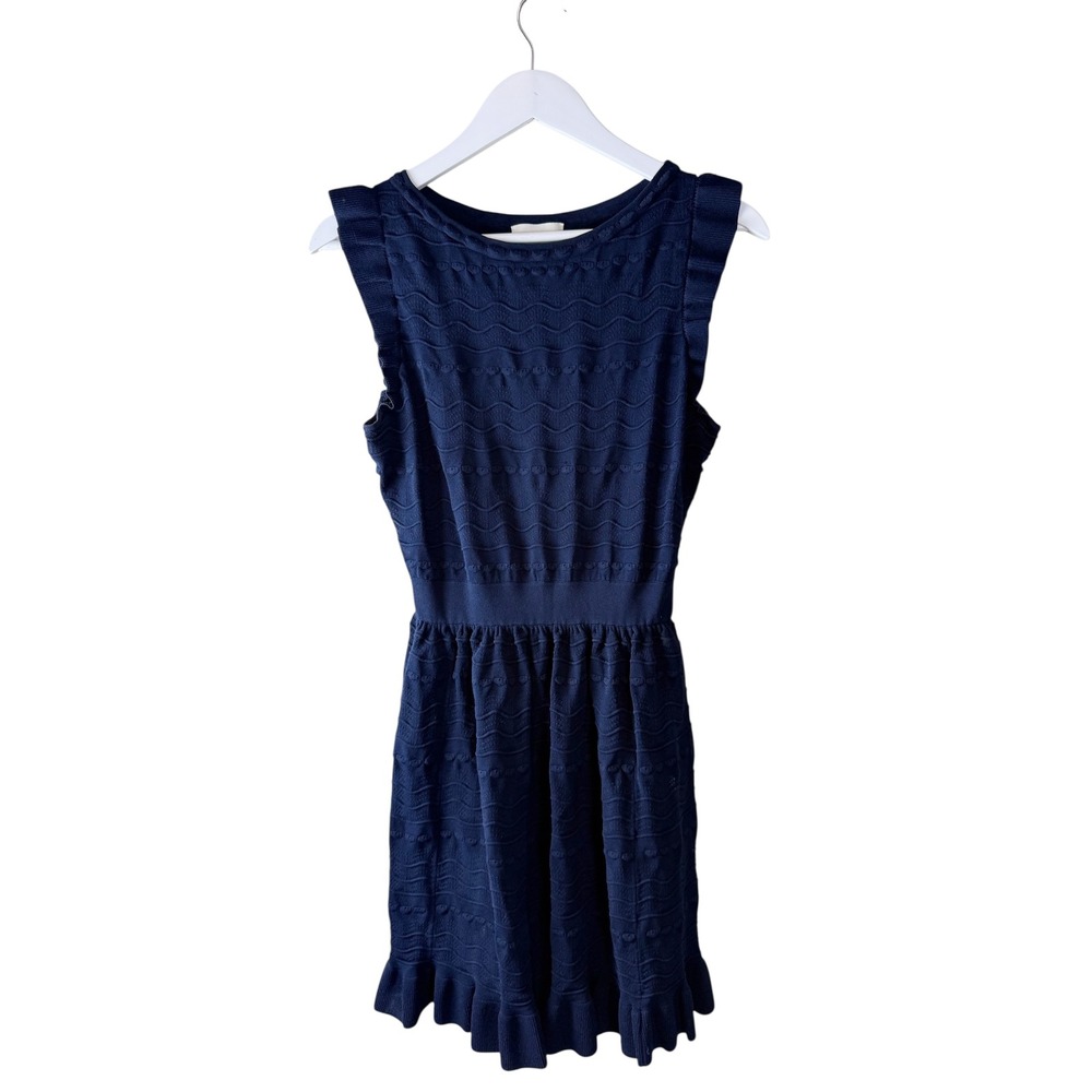 Kate Spade Navy Blue Textured Wave Ruffle Knit Dress Womens M